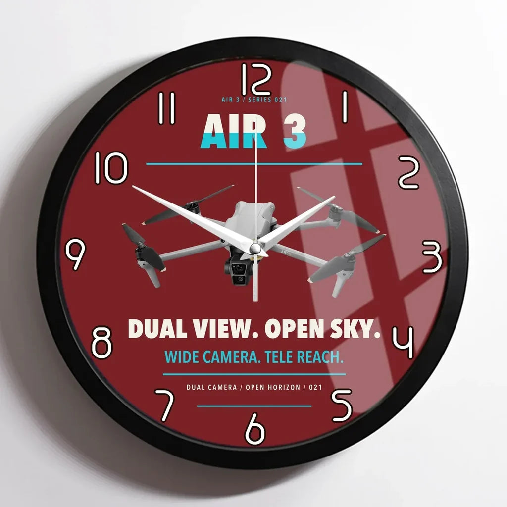 DJI Air 3 design on dark red framed wall clock