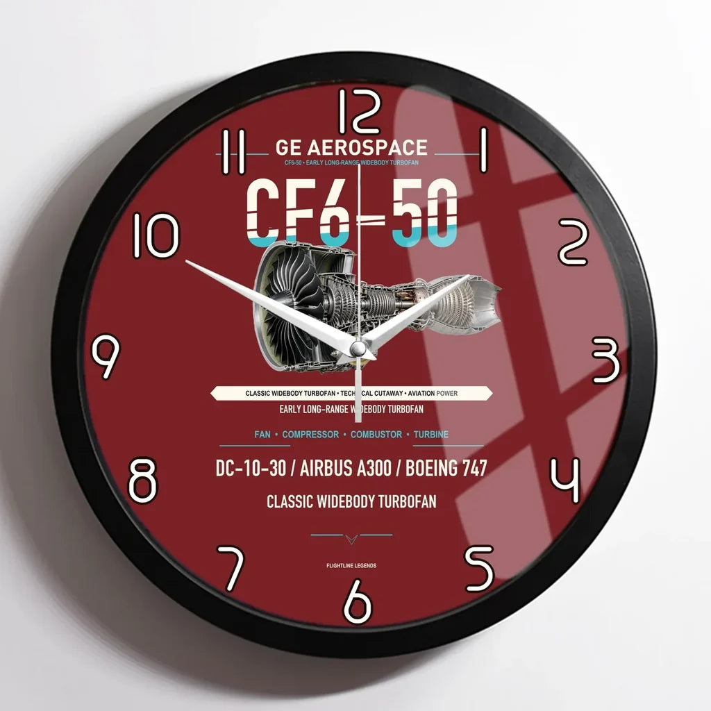 CF6-50 design on dark red framed wall clock