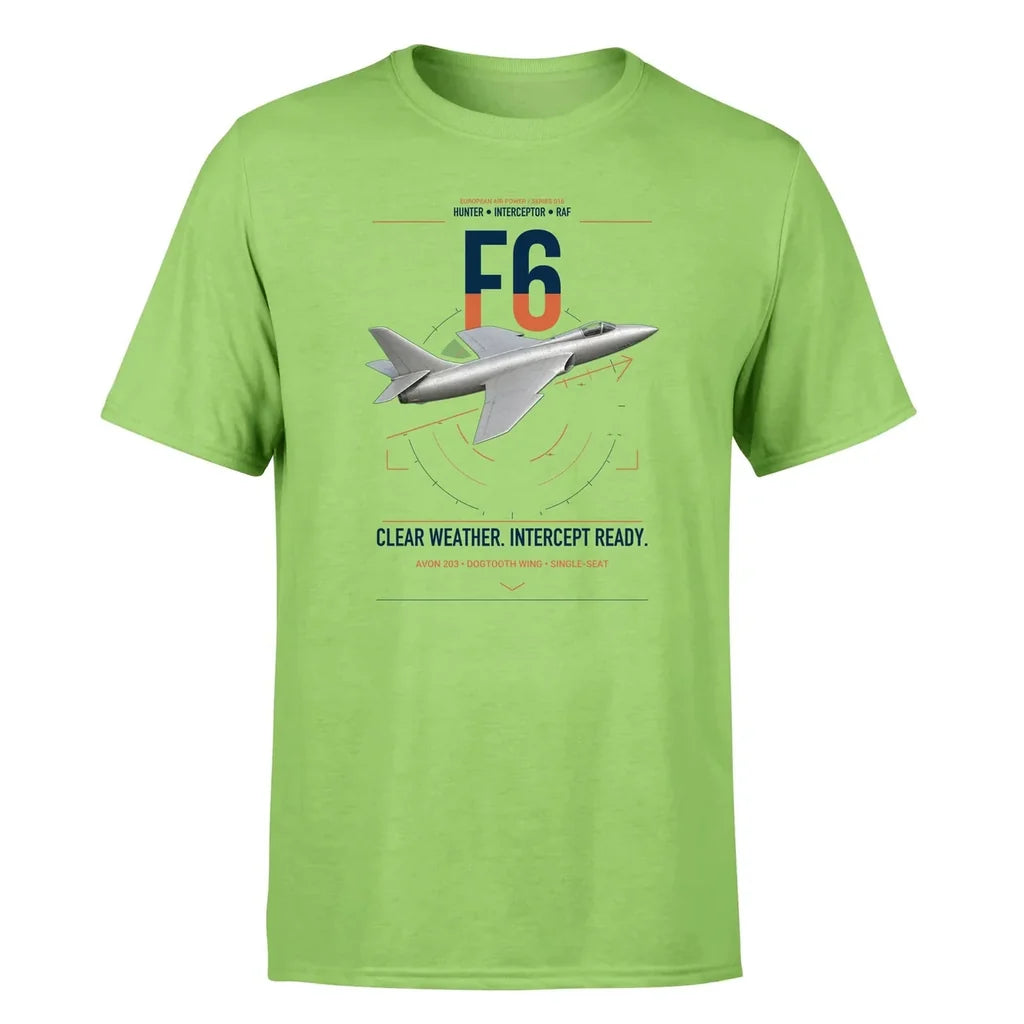 Hawker Hunter F6 design on light green t-shirt, single-side print