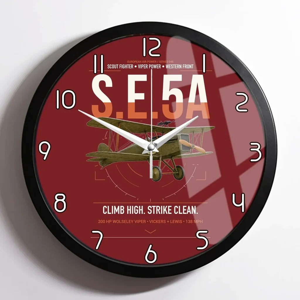 Royal Aircraft Factory S.E.5a design on dark red framed wall clock