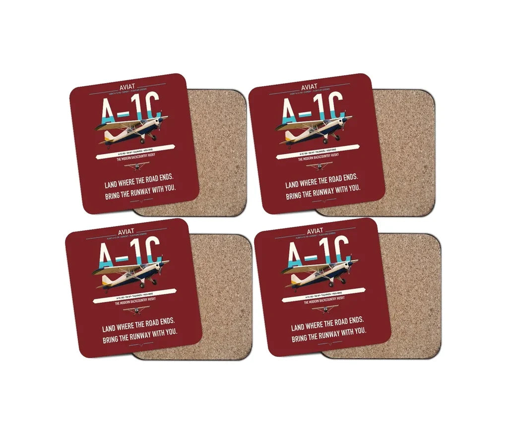Aviat Husky A-1C-180 design on dark red 4 pieces set coaster