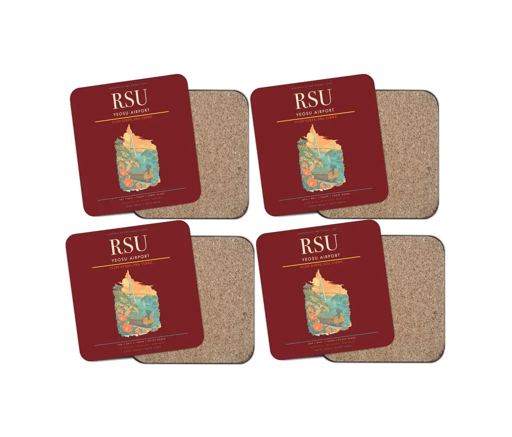 Yeosu Airport (RSU) design on dark red 4 pieces set coaster