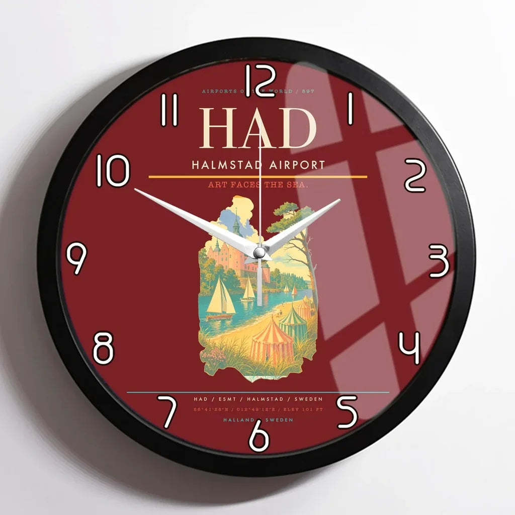 Halmstad Airport (HAD) design on dark red framed wall clock