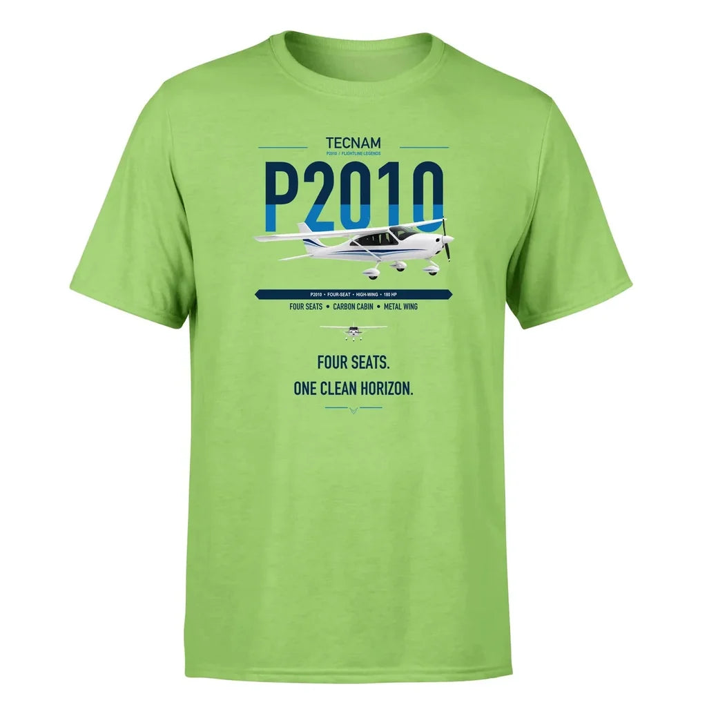 Tecnam P2010 design on light green t-shirt, single-side print