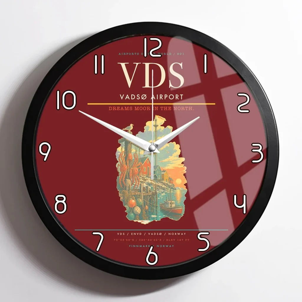 Vadsø Airport (VDS) design on dark red framed wall clock