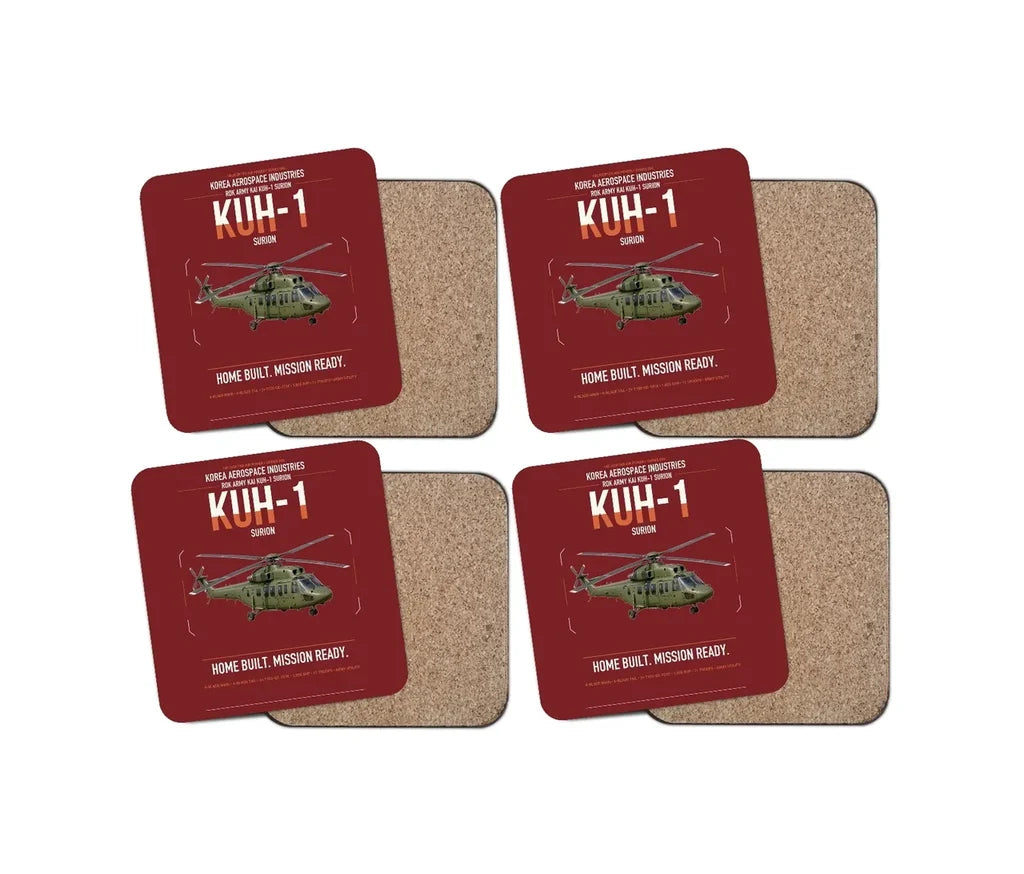 Korea Aerospace Industries KUH-1 Surion design on dark red 4 pieces set coaster