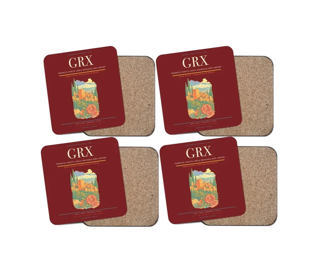 Federico García Lorca Granada-Jaén Airport (GRX) design on dark red 4 pieces set coaster