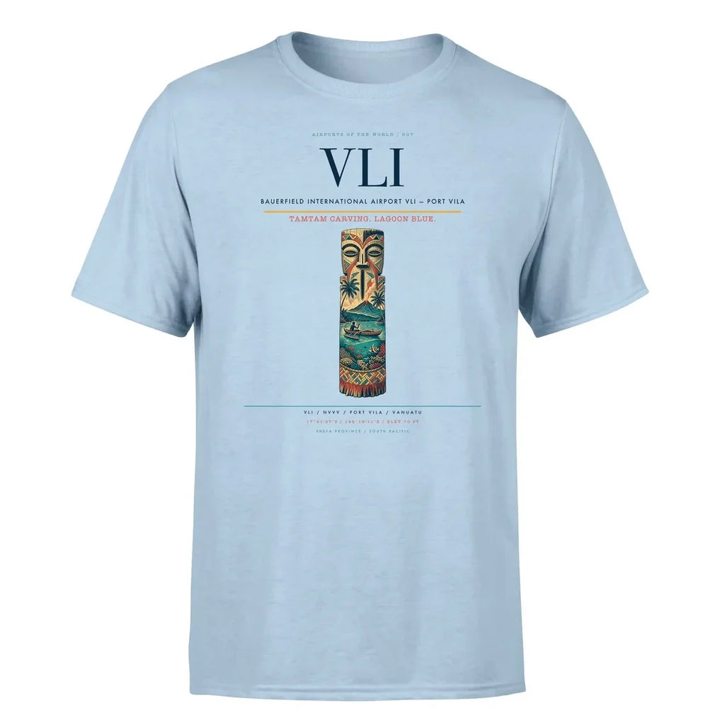 Bauerfield International Airport (VLI) T-Shirt single-side front print in Light Blue | bauerfield-international-airport-vli-double-side-t-shirt