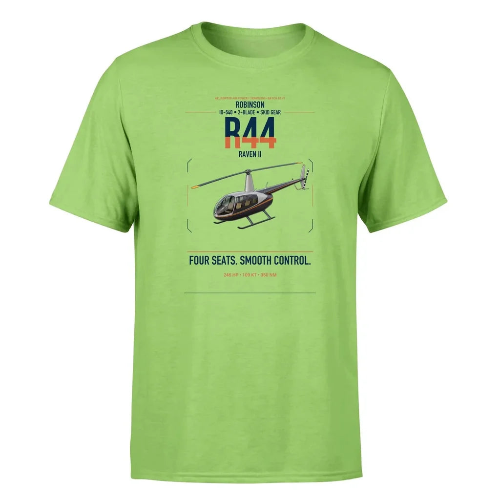 Robinson R44 Raven II design on light green t-shirt, single-side print