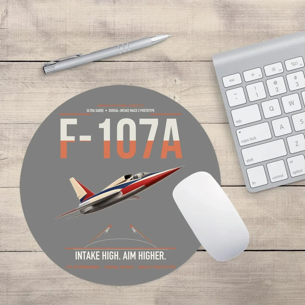 F-107A Ultra Sabre design on gray round mouse pad