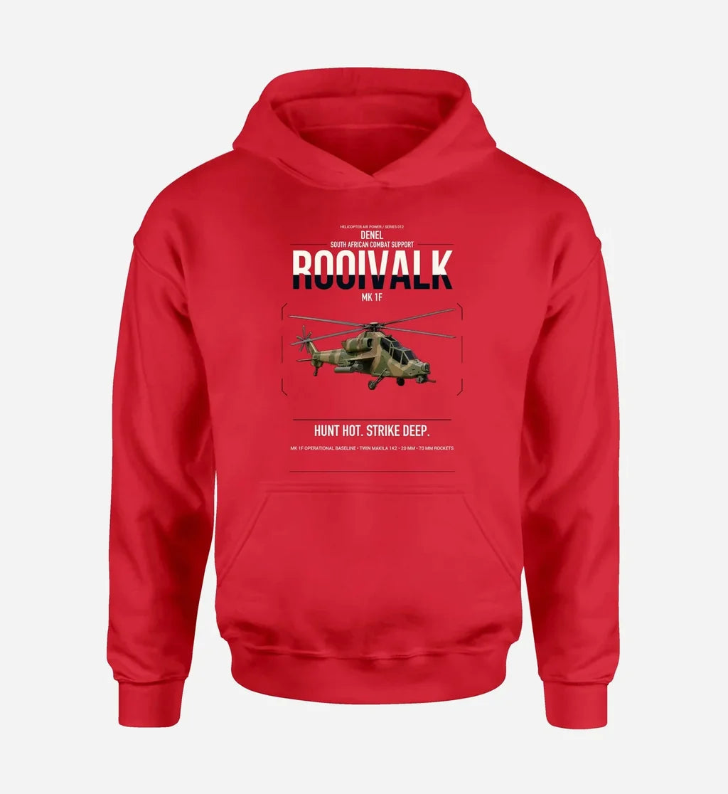 Denel Rooivalk Mk 1F design on red double-side hoodie, single-side print