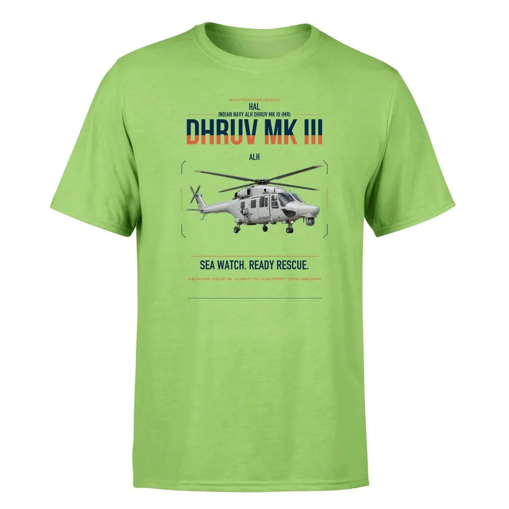 HAL ALH Dhruv Mk III design on light green t-shirt, single-side print