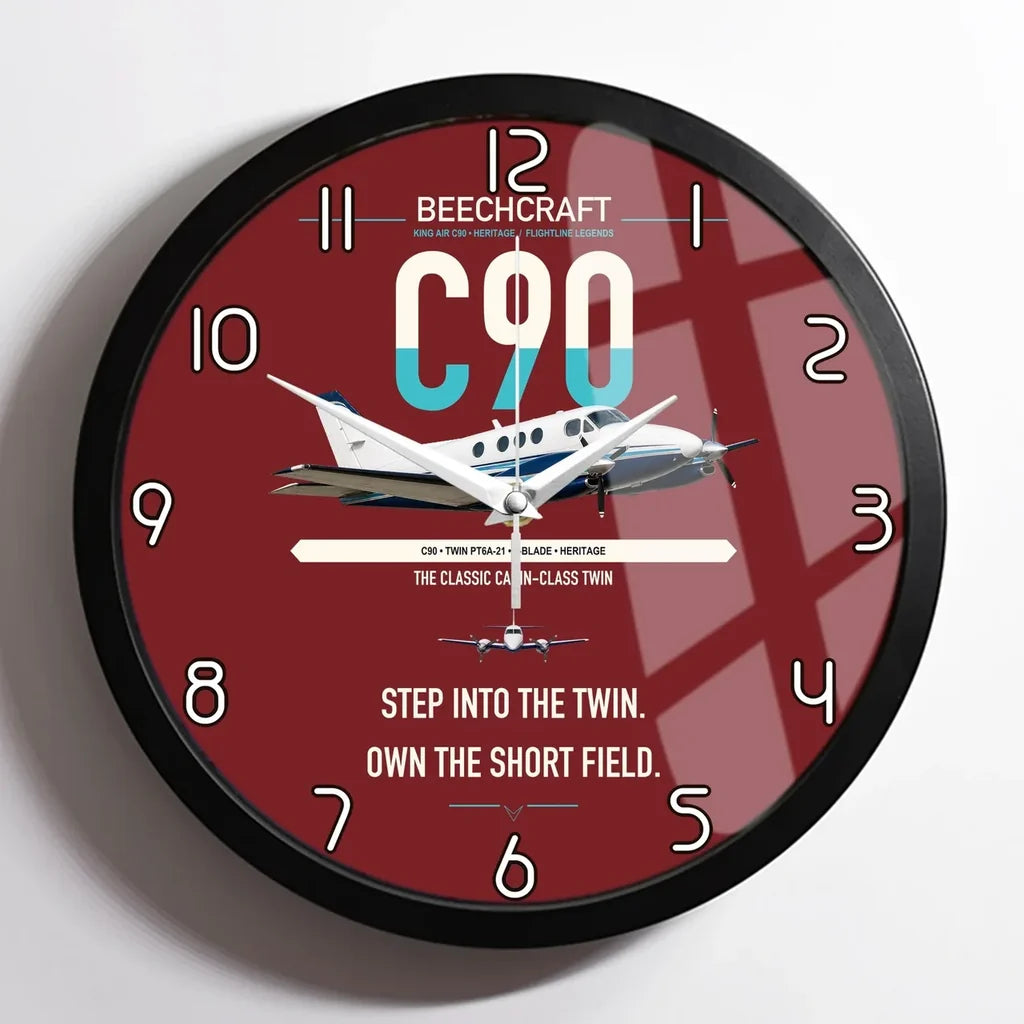 Beechcraft King Air C90 design on dark red framed wall clock