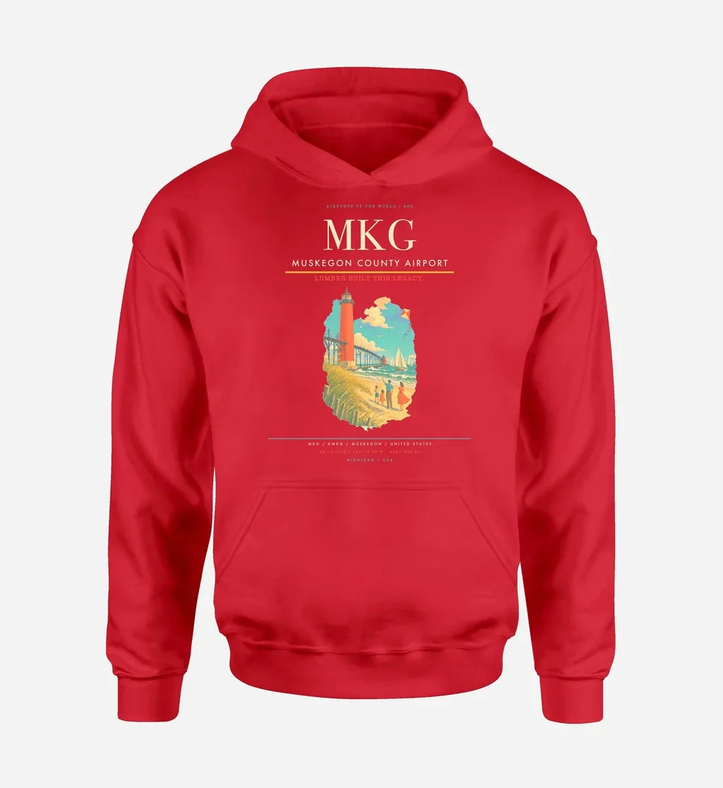 Muskegon County Airport (MKG) design on red hoodie single-side print