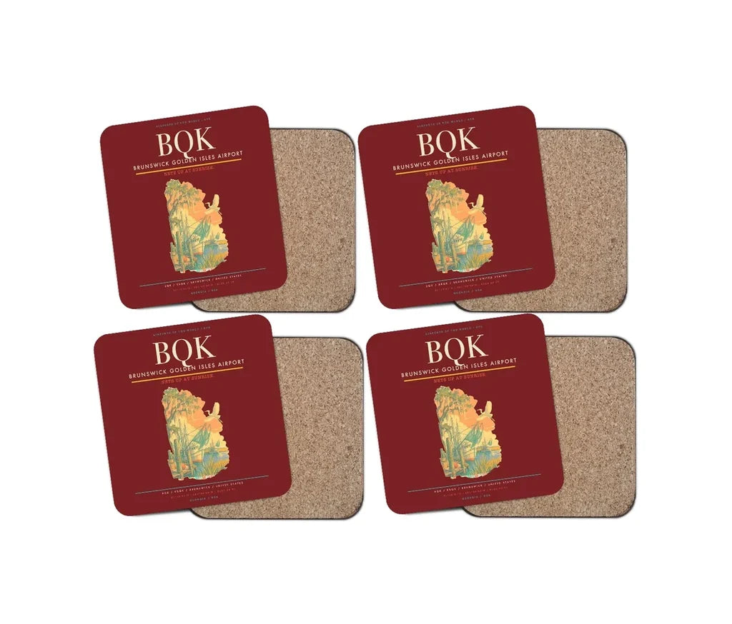 Brunswick Golden Isles Airport (BQK) design on dark red 4 pieces set coaster