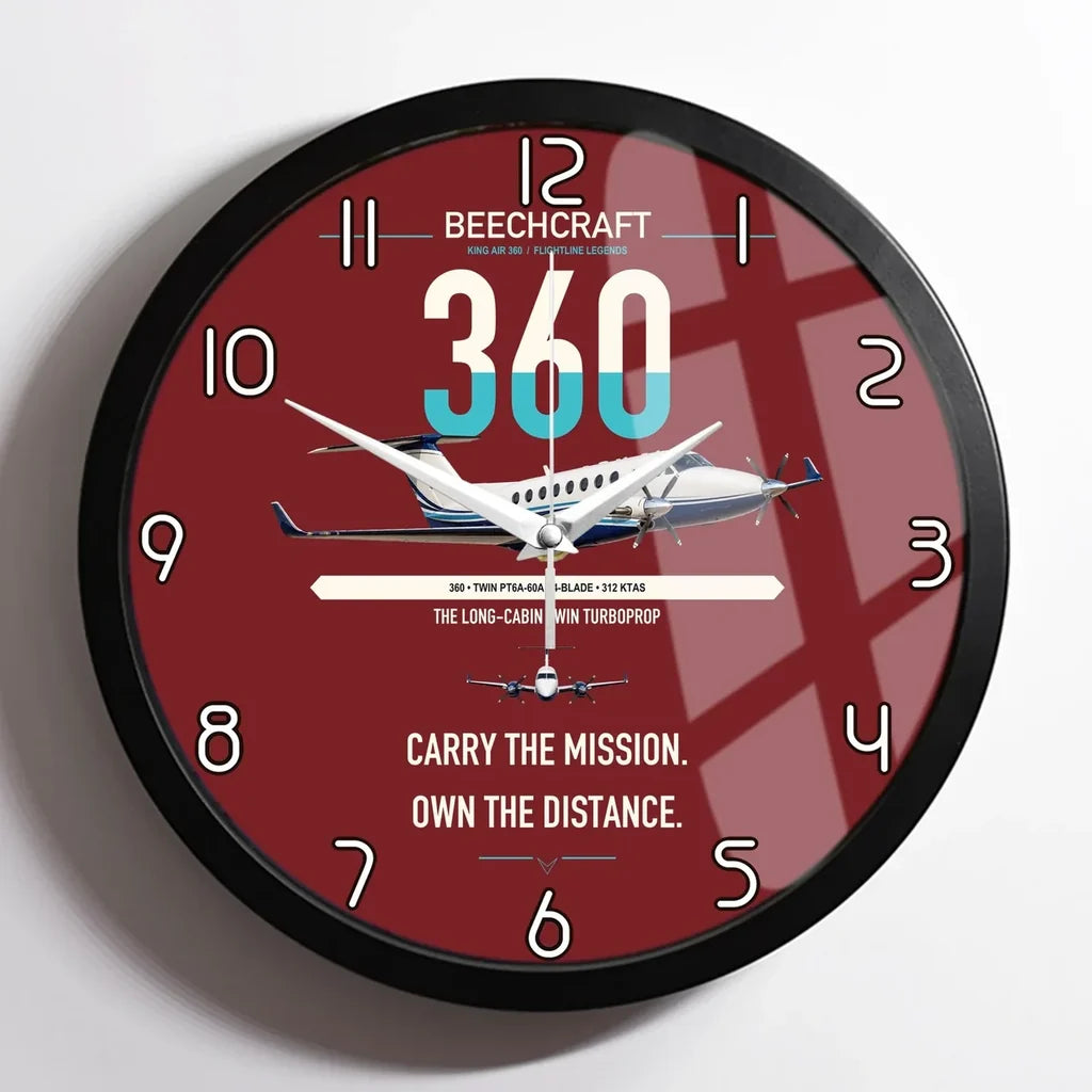 Beechcraft King Air 360 design on dark red framed wall clock