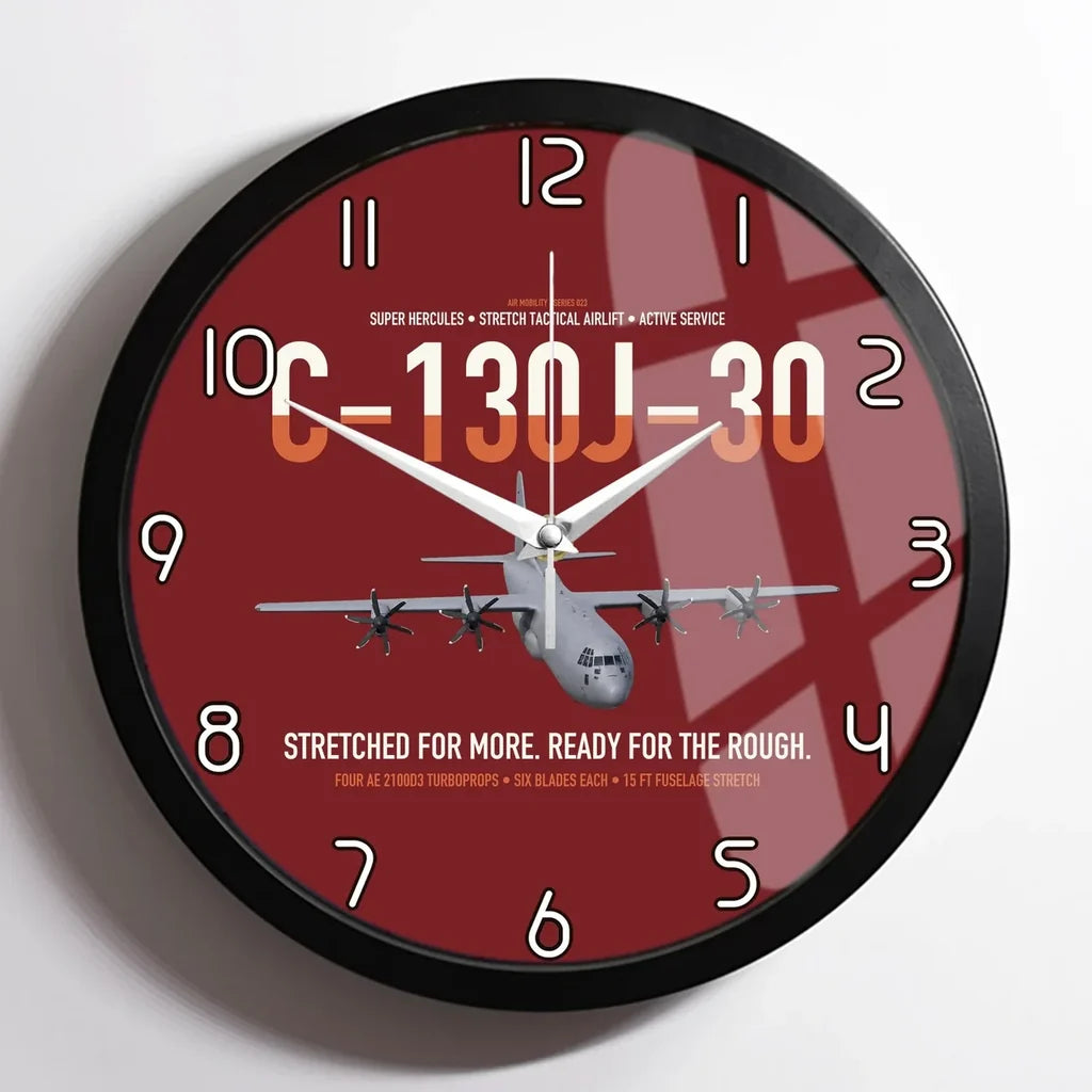 C-130J-30 Super Hercules design on dark red framed wall clock