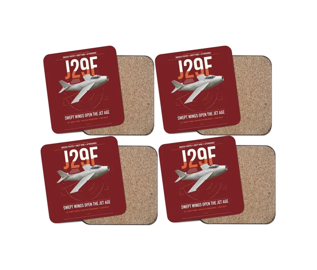 Saab J 29F Tunnan design on dark red 4 pieces set coaster