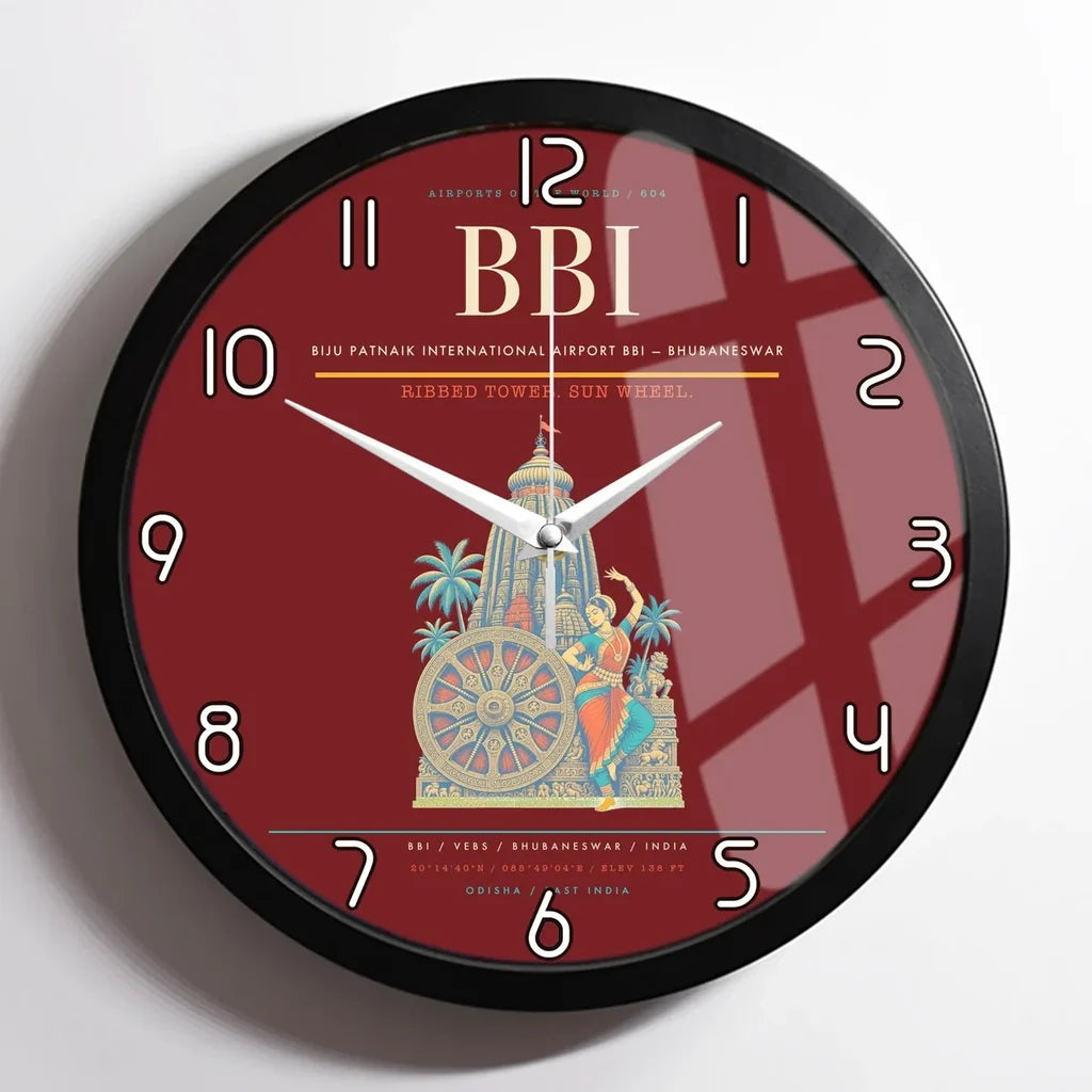 Biju Patnaik International Airport (BBI) design on dark red framed wall clock