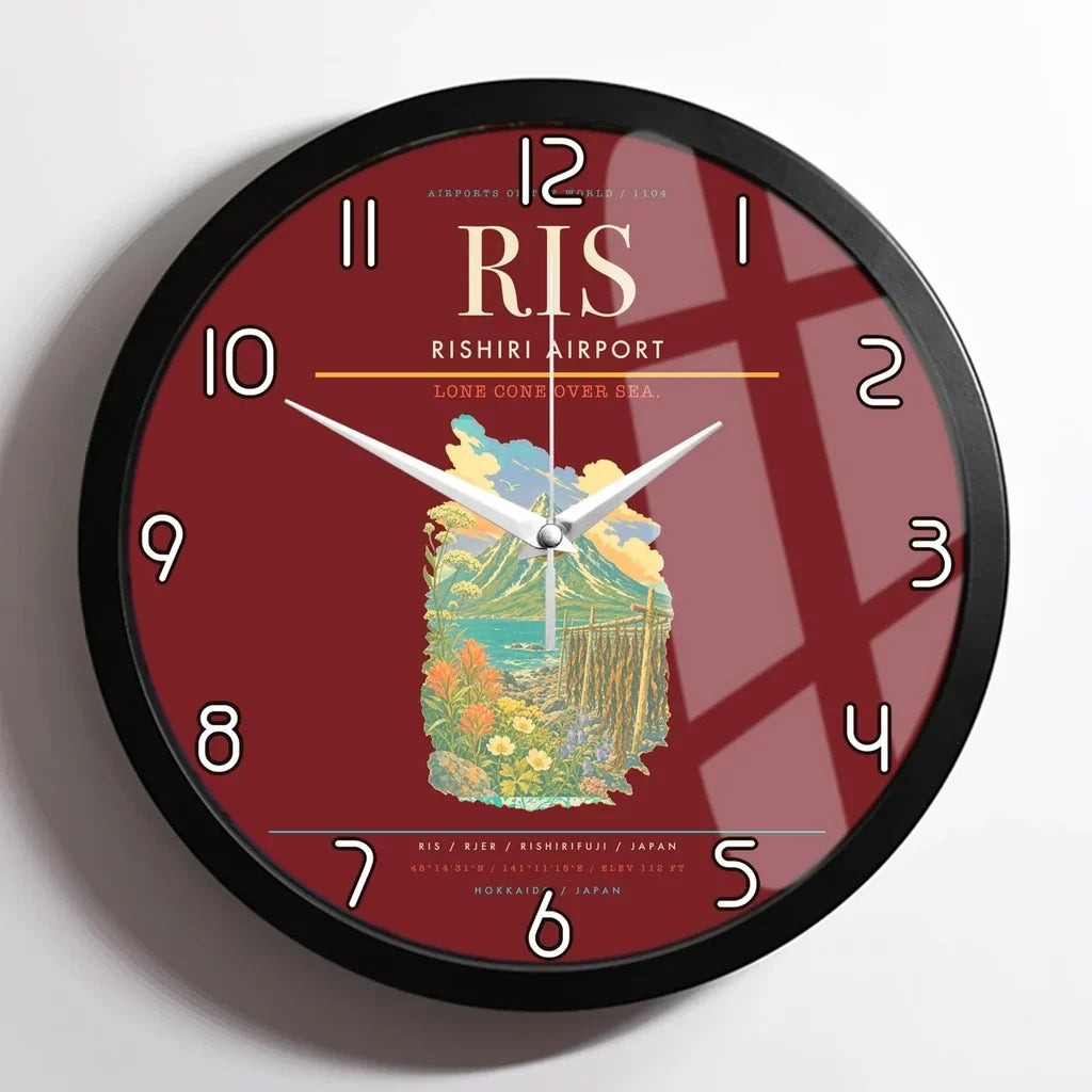 Rishiri Airport (RIS) design on dark red framed wall clock