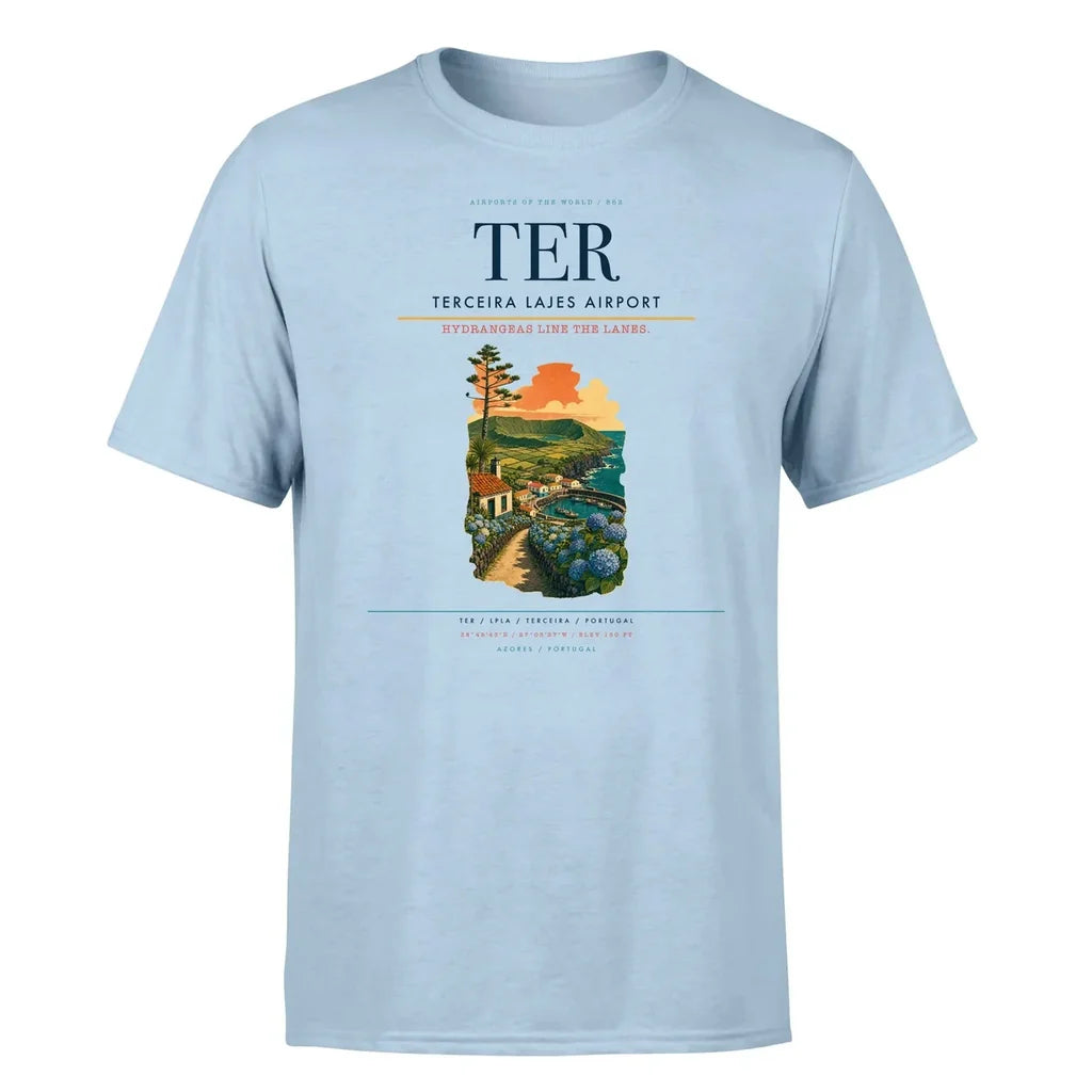 Terceira Lajes Airport (TER) T-Shirt single-side front print in Light Blue | terceira-lajes-airport-ter-double-side-t-shirt
