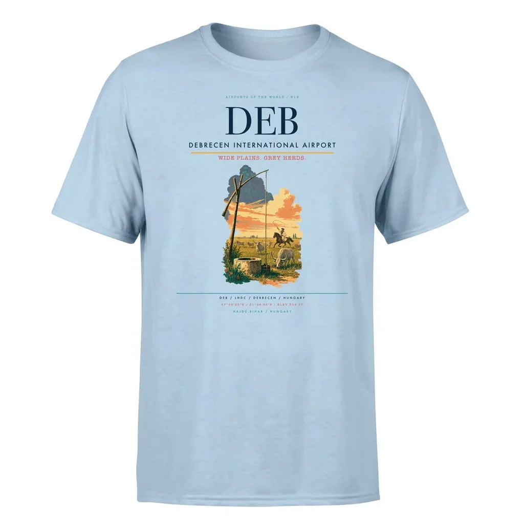 Debrecen International Airport (DEB) T-Shirt single-side front print in Light Blue | debrecen-international-airport-deb-double-side-t-shirt