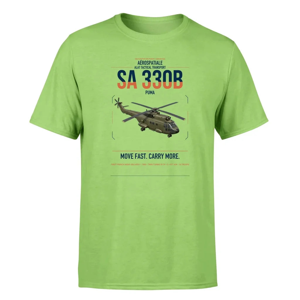 Aérospatiale SA 330B Puma design on light green t-shirt, single-side print