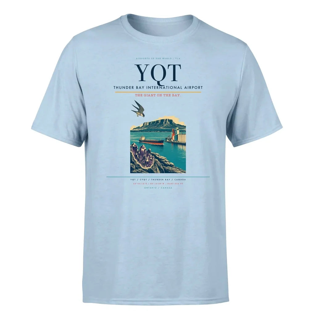 Thunder Bay International Airport (YQT) T-Shirt single-side front print in Light Blue | thunder-bay-international-airport-yqt-double-side-t-shirt