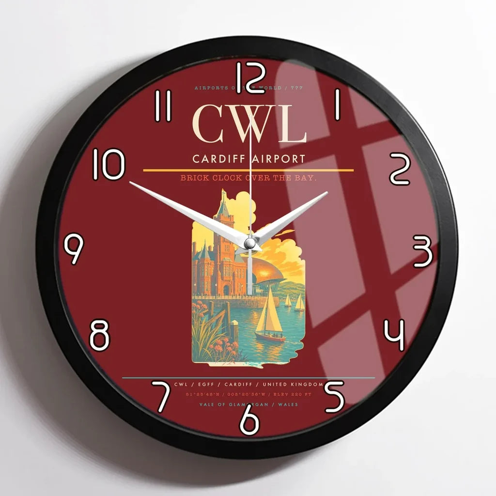 Cardiff Airport (CWL) design on dark red framed wall clock