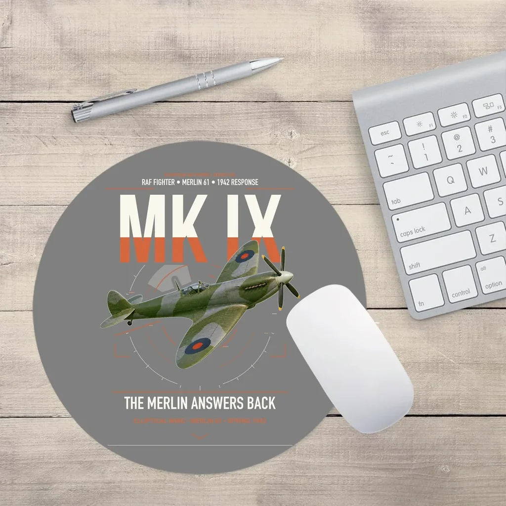 Supermarine Spitfire Mk IX design on gray round mouse pad