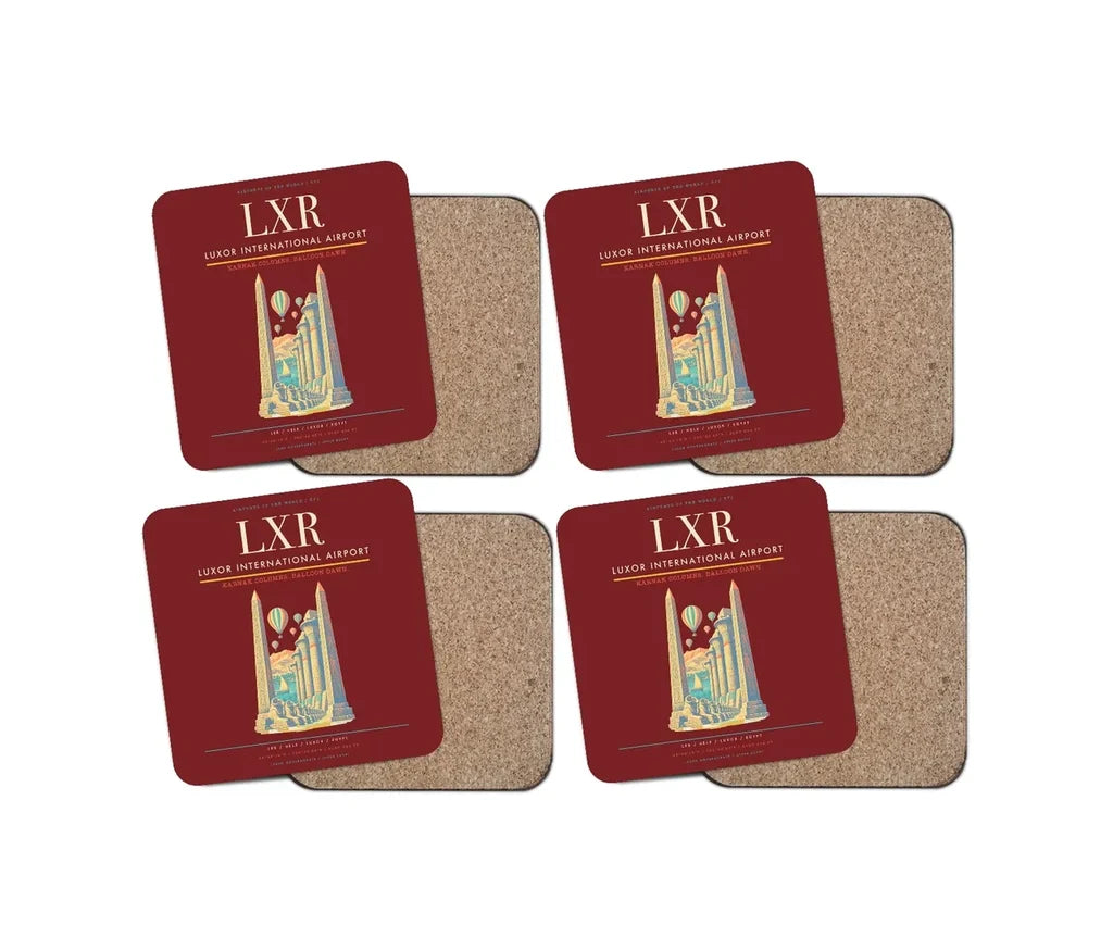 Luxor International Airport (LXR) design on dark red 4 pieces set coaster