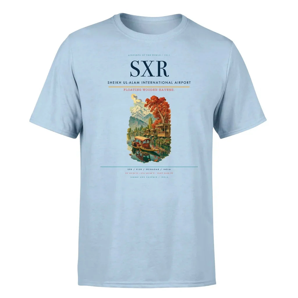 Sheikh ul-Alam International Airport (SXR) T-Shirt single-side front print in Light Blue | sheikh-ul-alam-international-airport-sxr-double-side-t-shirt