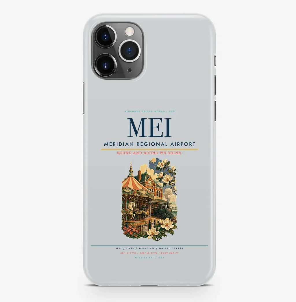 Meridian Airport (MEI) design on light gray iPhone 16 Pro MagSafe case