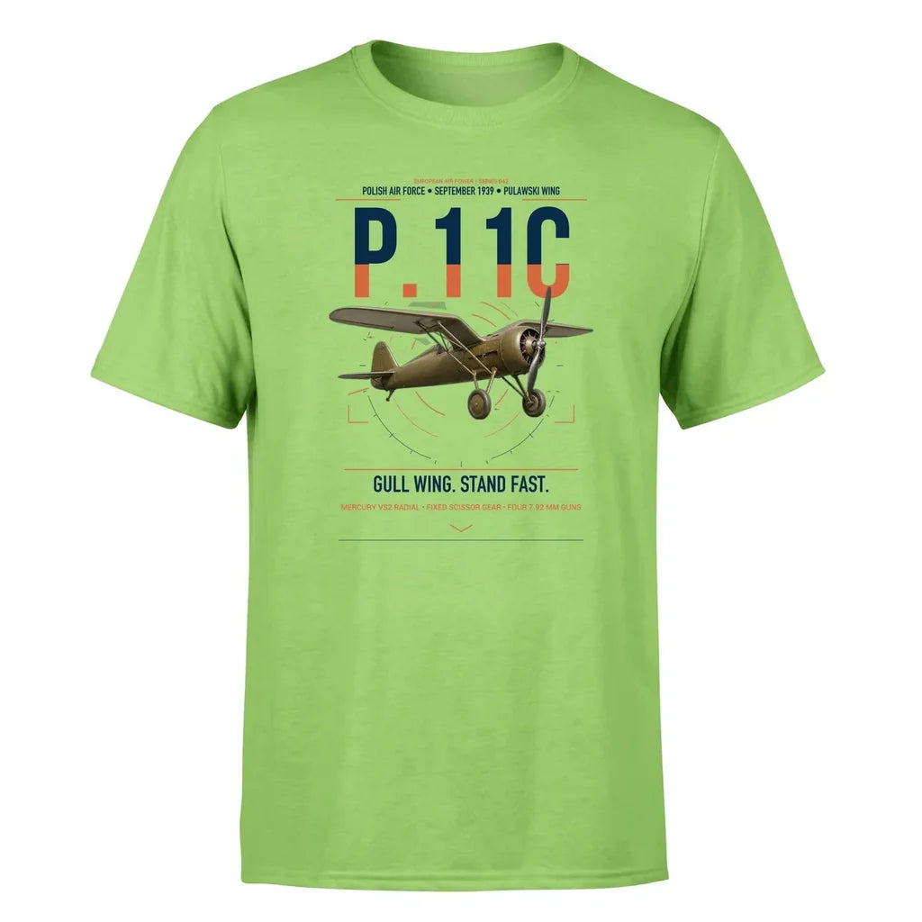 PZL P.11c design on light green t-shirt, single-side print