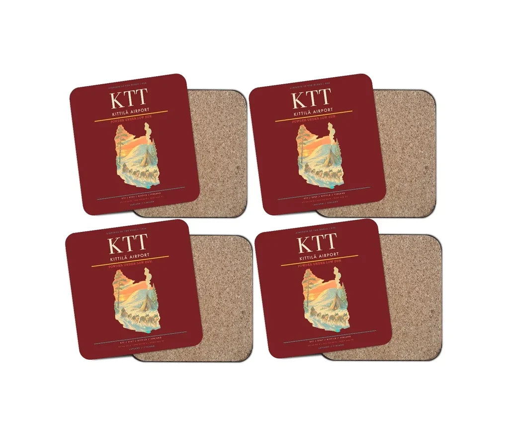 Kittilä Airport (KTT) design on dark red 4 pieces set coaster