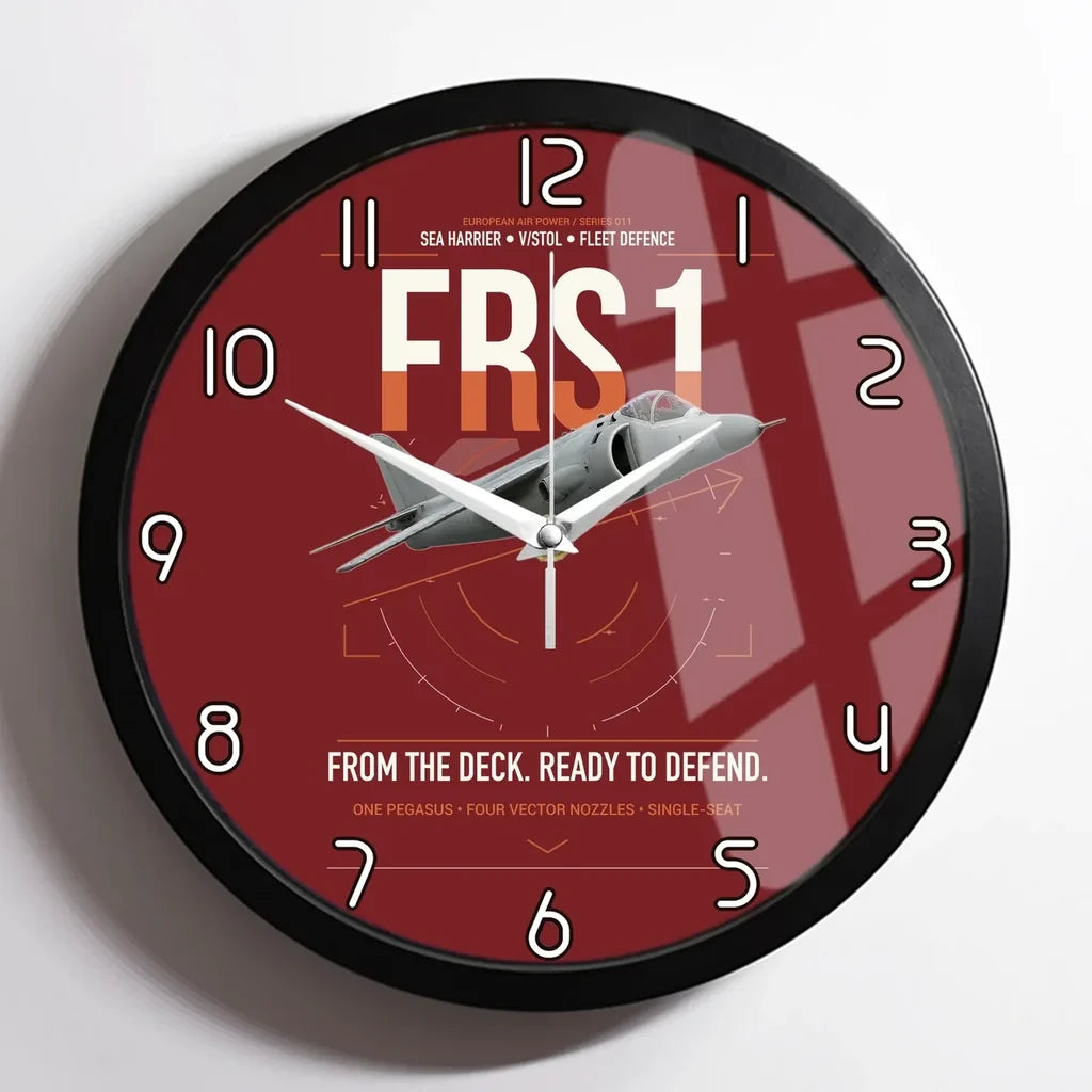 British Aerospace Sea Harrier FRS.1 design on dark red framed wall clock