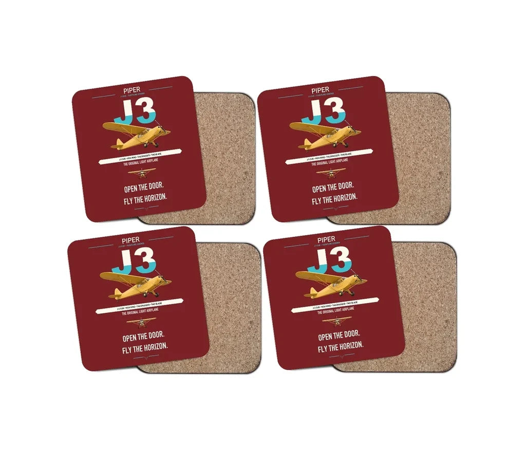 Piper J-3 Cub design on dark red 4 pieces set coaster
