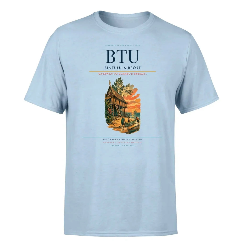 Bintulu Airport (BTU) T-Shirt single-side front print in Light Blue | bintulu-airport-btu-double-side-t-shirt