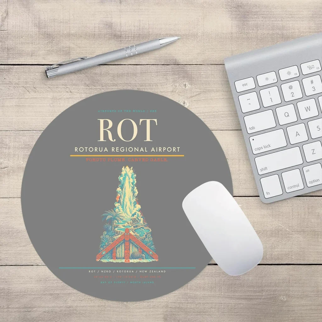 Rotorua Regional Airport (ROT) design on gray round mouse pad
