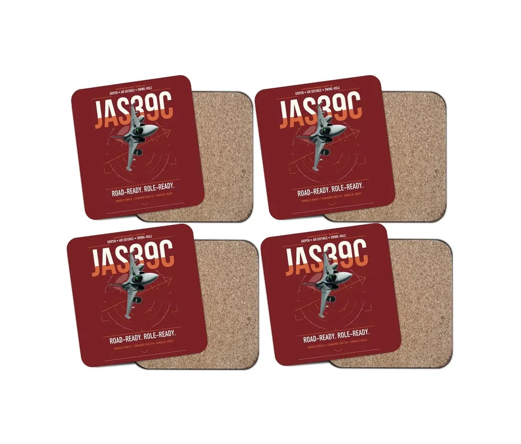 Saab JAS 39C Gripen design on dark red 4 pieces set coaster