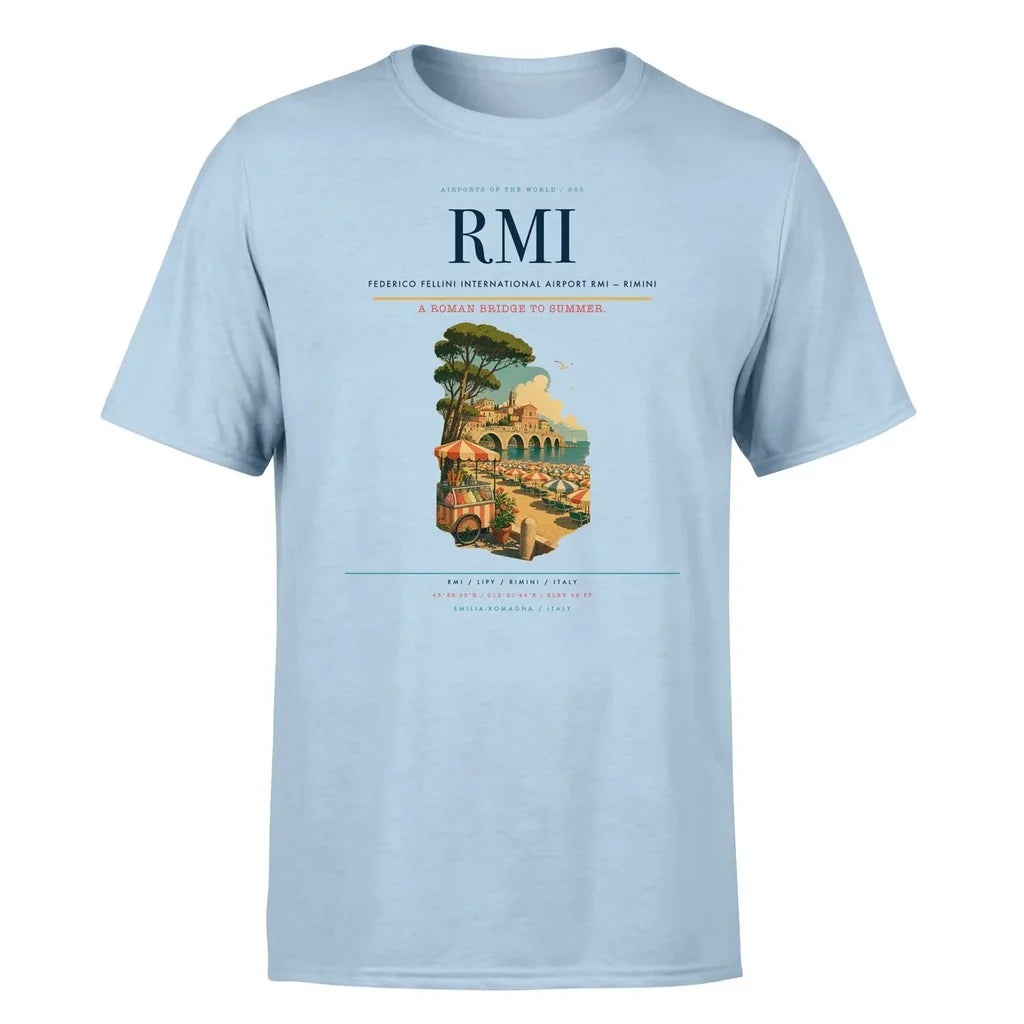 Federico Fellini International Airport (RMI) T-Shirt single-side front print in Light Blue | federico-fellini-international-airport-rmi-double-side-t-shirt