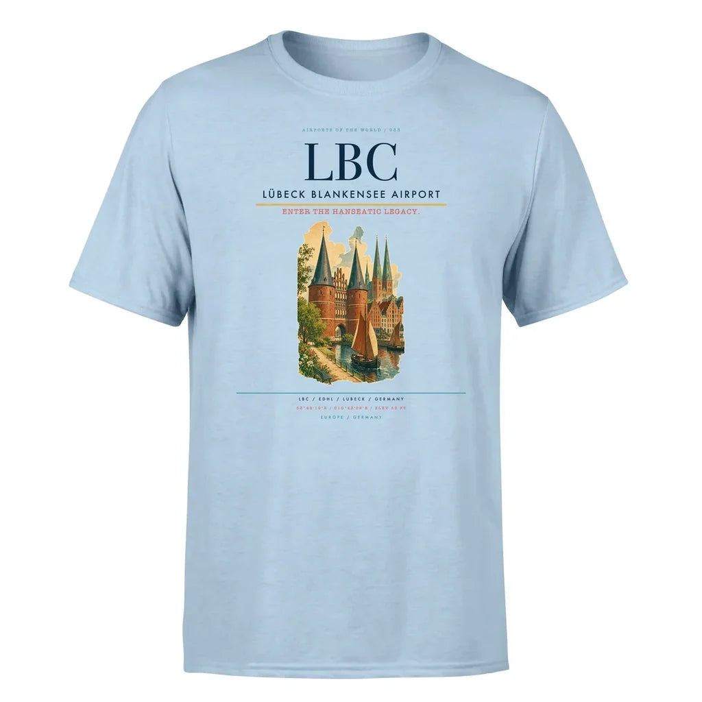 Lübeck Blankensee Airport (LBC) T-Shirt single-side front print in Light Blue | lübeck-blankensee-airport-lbc-double-side-t-shirt