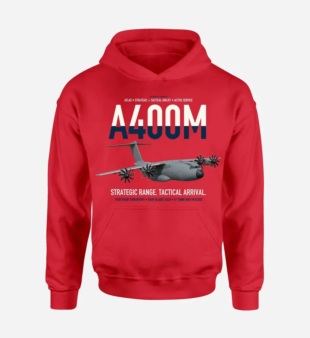 Airbus A400M Atlas design on red double-side hoodie, single-side print