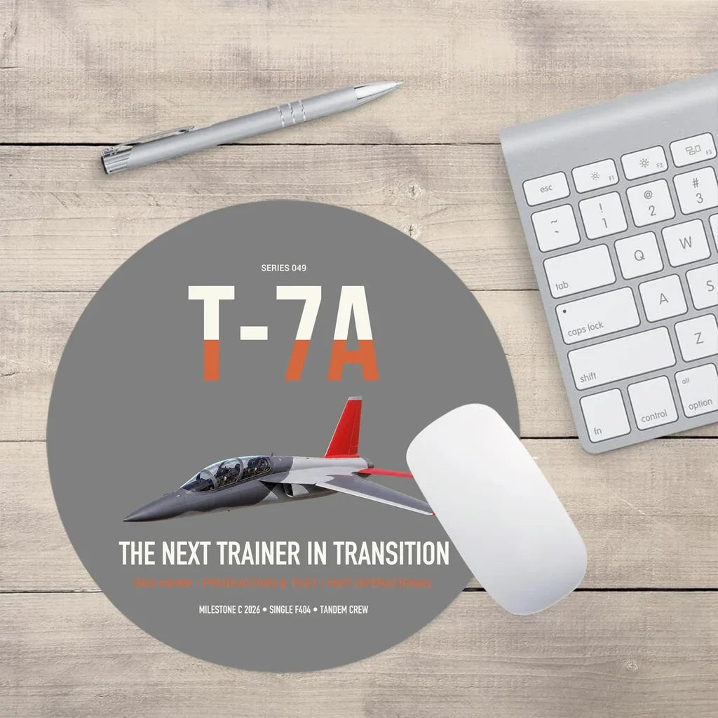 T-7A Red Hawk design on gray round mouse pad