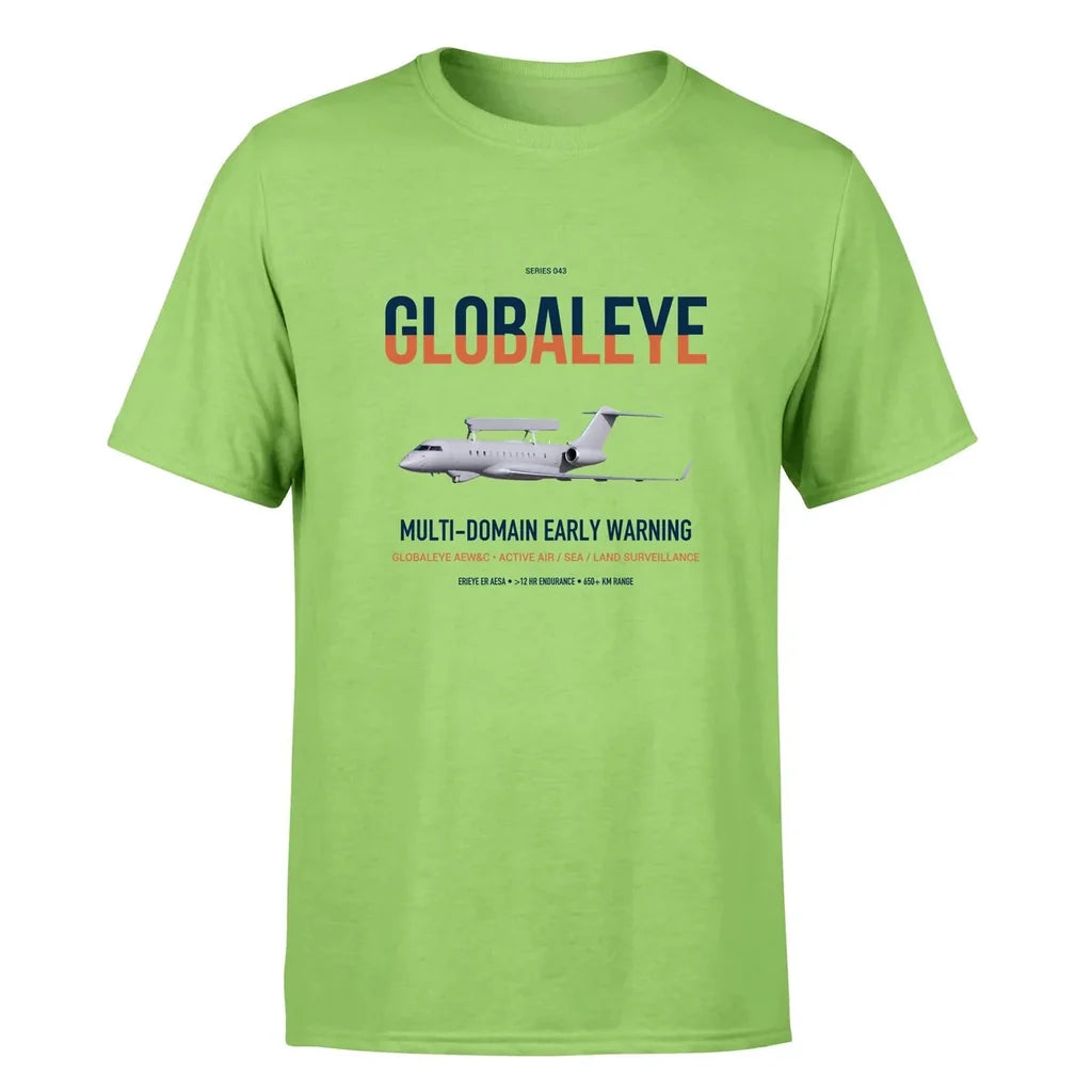Saab GlobalEye design on light green double-side t-shirt, single-side print