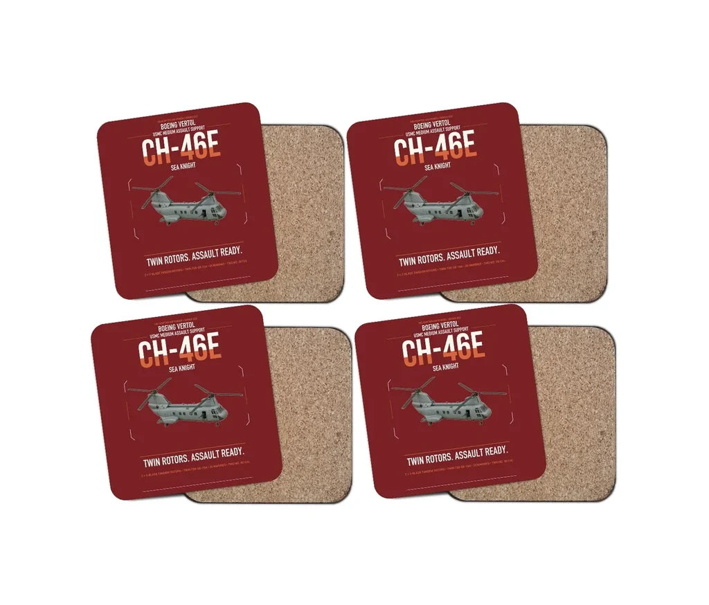 Boeing Vertol CH-46E Sea Knight design on dark red 4 pieces set coaster