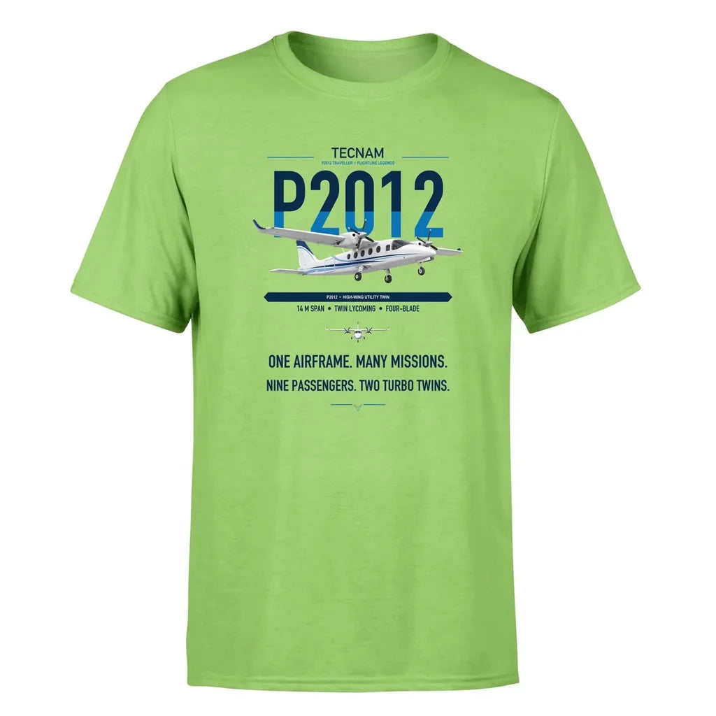Tecnam P2012 Traveller design on light green t-shirt, single-side print