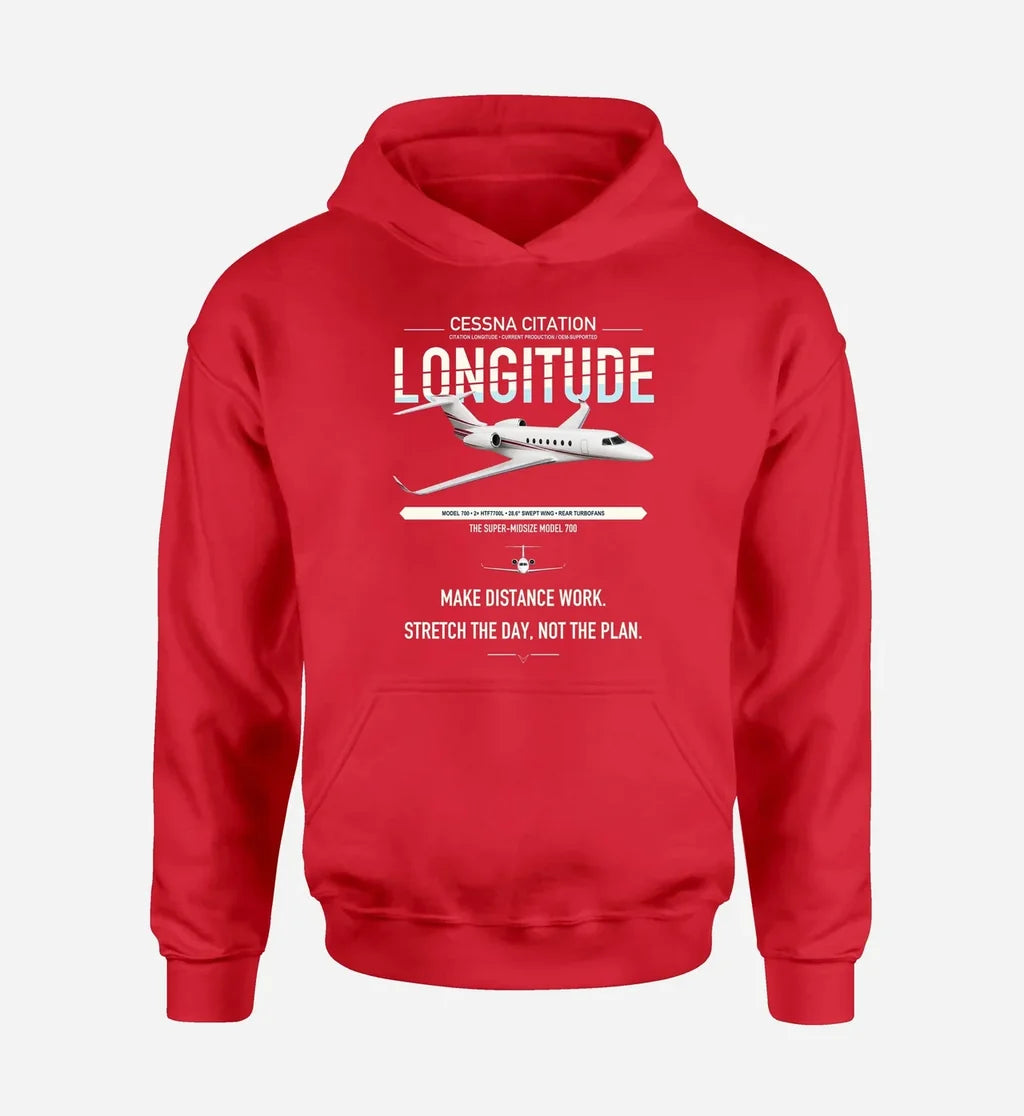 Cessna Citation Longitude design on red double-side hoodie, single-side print