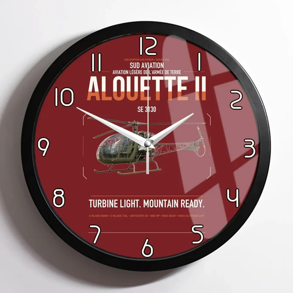 Sud Aviation SE 3130 Alouette II design on dark red framed wall clock