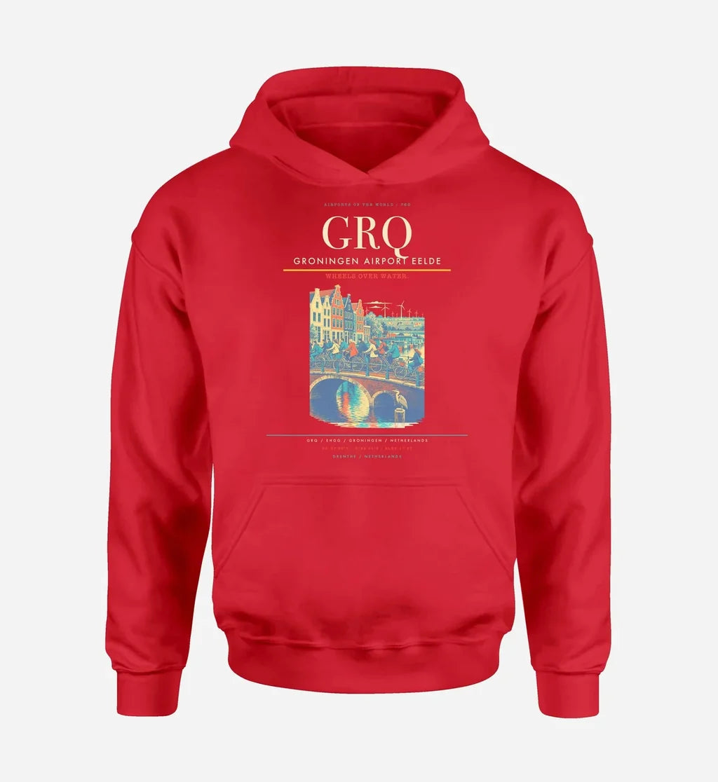 Groningen Airport Eelde (GRQ) design on red hoodie single-side print